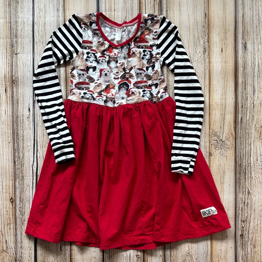 Adorable Red holiday Dress with Striped Sleeves and Dog Pattern
